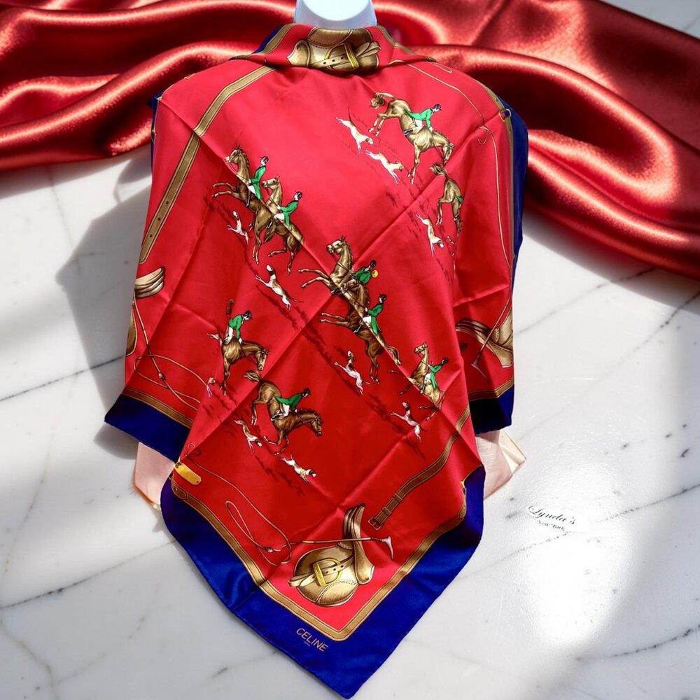 Unused-CELINE Paris 100% SilkScarf 34" x34" Red Blue Hourses Dogs Italy Made(59 - Picture 1 of 15